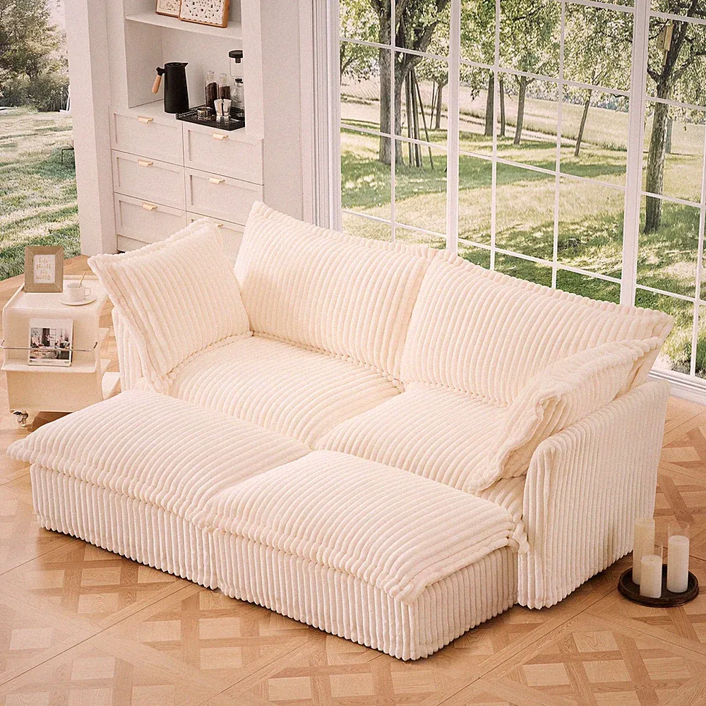 Cream Corduroy Convertible Sectional Sofa Bed w/ 2 Ottomans