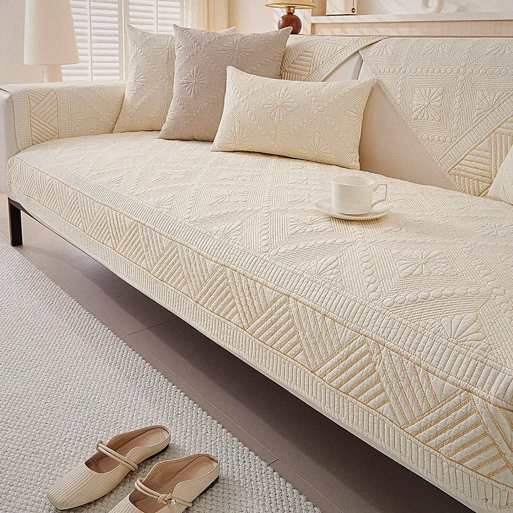 Cream Cotton Quilted Boho Sofa Cover Sectional Washable Slipcover 28x47 inches