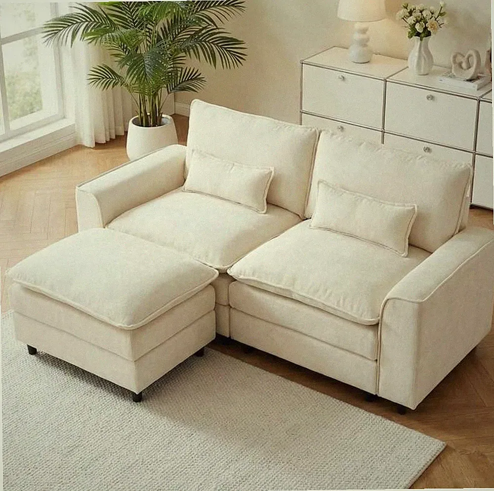 Cream Linen Sectional Sofa L-Shape Couch w/ Ottoman Throw Pillows Cloud Seat