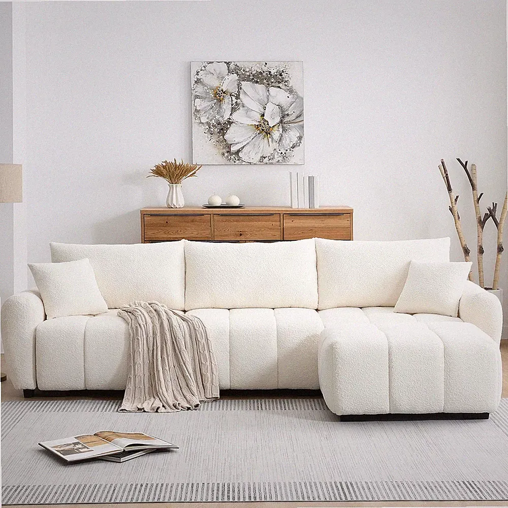 Cream Modern L-Shaped Sectional Sofa with Movable Ottoman & Pillows