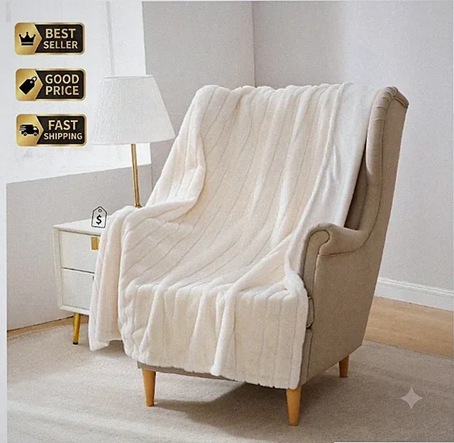 Cream Stripe Faux Fur Throw Blanket 50x60 Soft Cozy Blanket for Adults