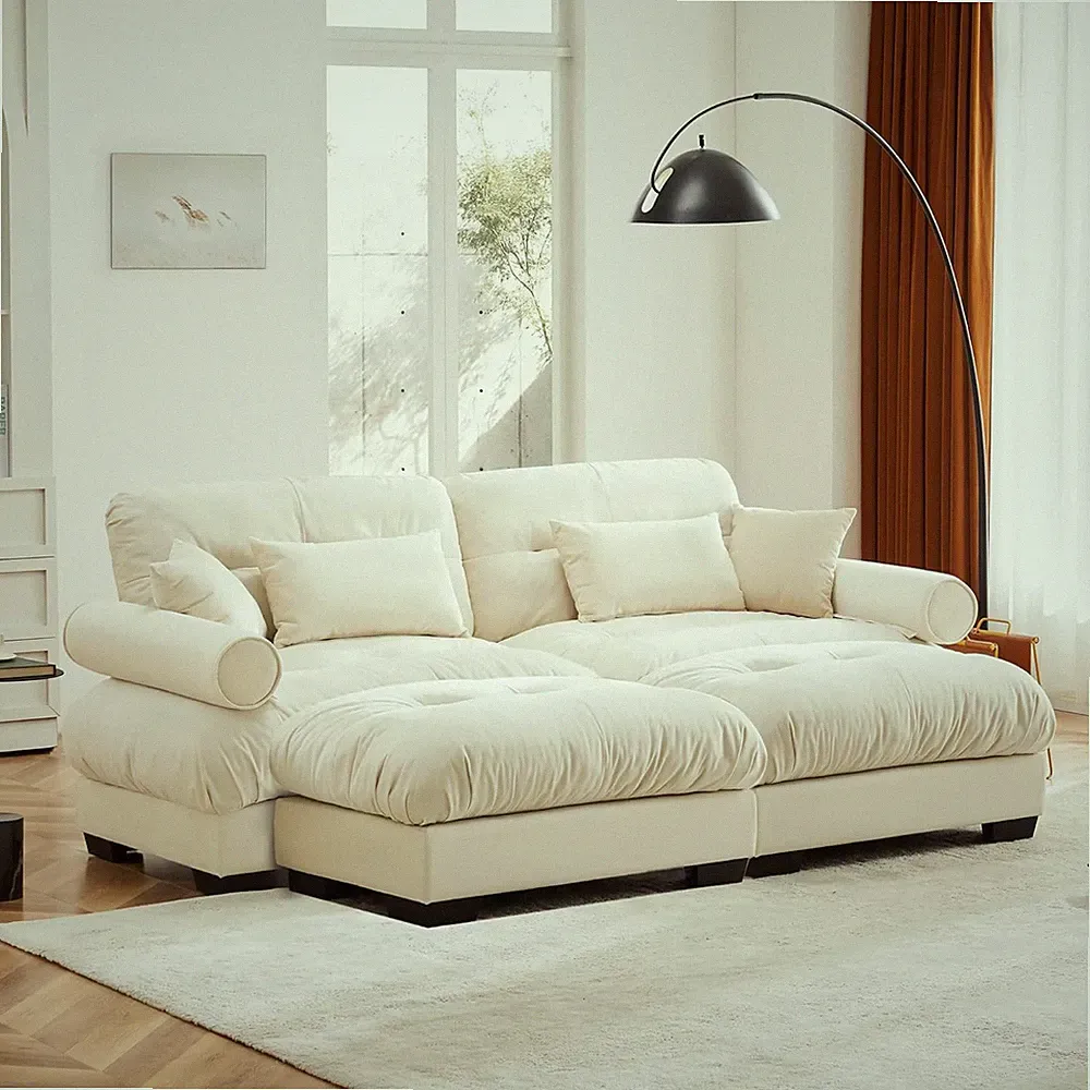 Cream U-Shaped Sectional Sofa with Removable Ottomans, 4 Seats