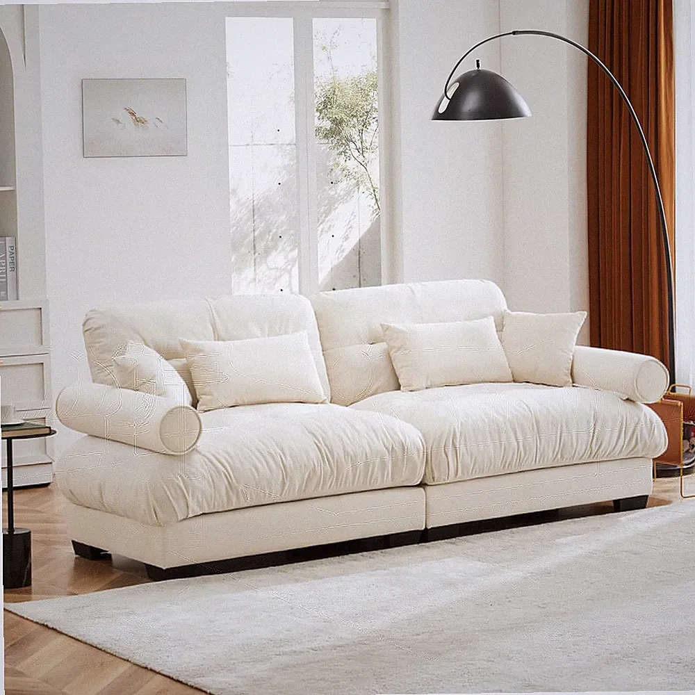 Cream Velvet 93.7" Sectional Sofa with Pillows and Bolstered Armrests