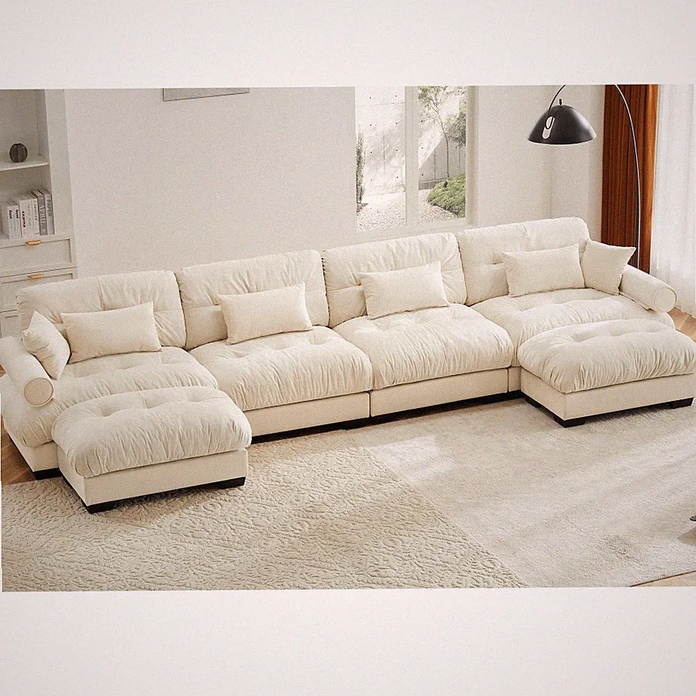 Cream Velvet Cloud Couch, U-Shaped Sectional Sofa with Ottoman
