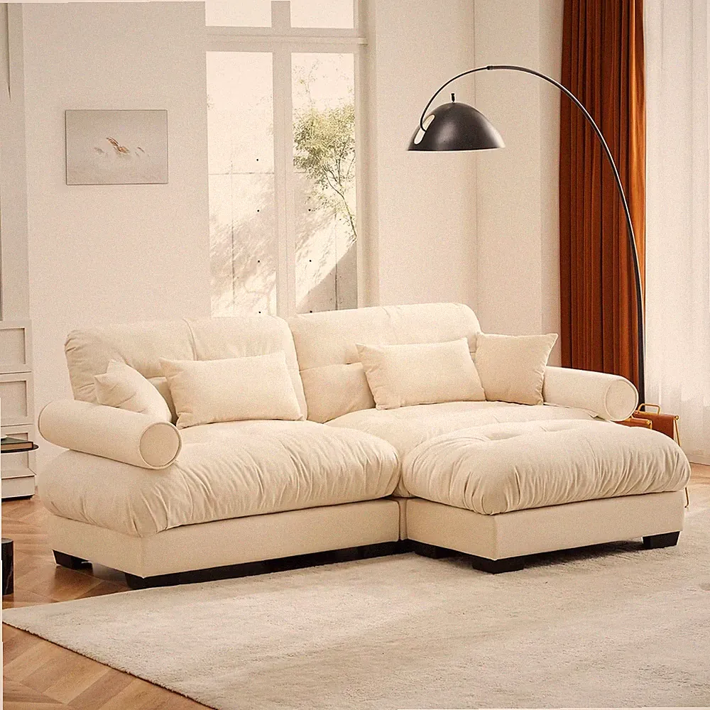 Cream Velvet Sectional Sofa Set with Ottoman & 4 Pillows for Living Room