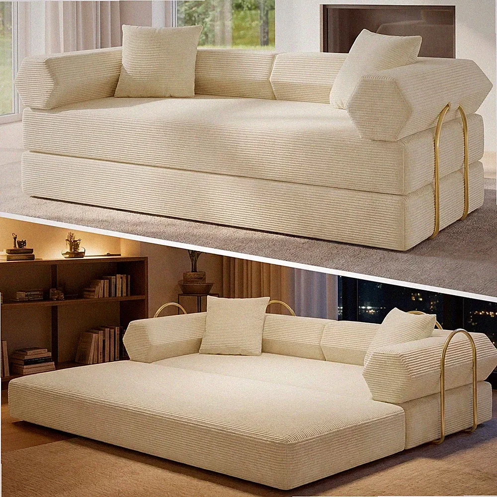 Cream White 78.8 Inch 5 In 1 Convertible Corduroy Sofa Bed With Pocket Spring