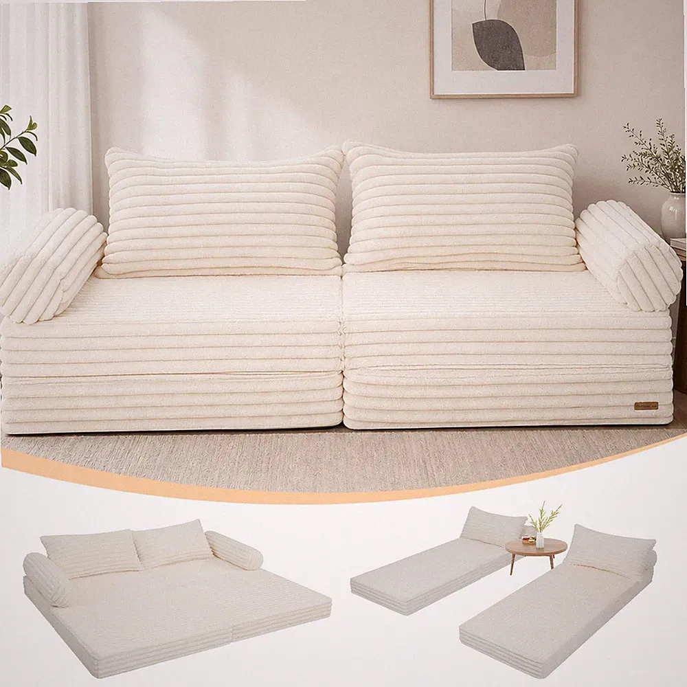 Cream White 80 Inch Convertible Sofa Bed Plush Corduroy With Pillows