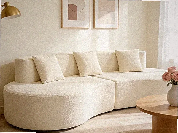 Cream White Curved Couch 4 Seat Minimalist Elegant Half Moon Sectional Sofa