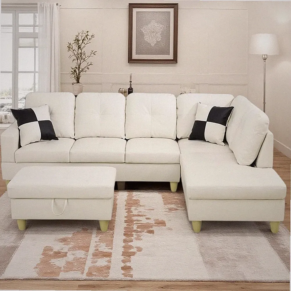 Cream White Modular L-Shaped Sectional Sofa with Storage Ottoman, 4-Seater