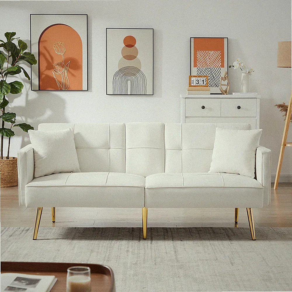 Cream White Velvet Futon Sofa Bed with Gold Metal Legs
