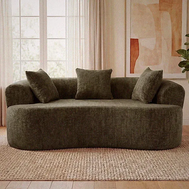 Crescent-shaped sofa, modern low-back design with deep cushions, self-infla