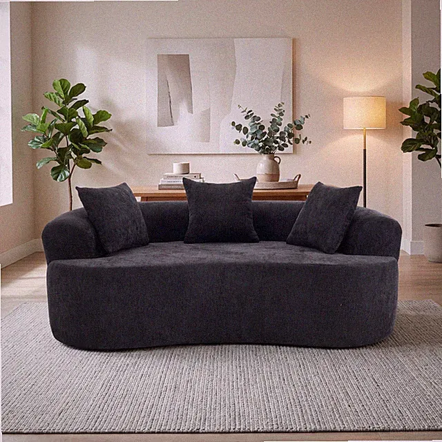 Crescent-shaped sofa, modern low-back design with deep cushions, self-inflat