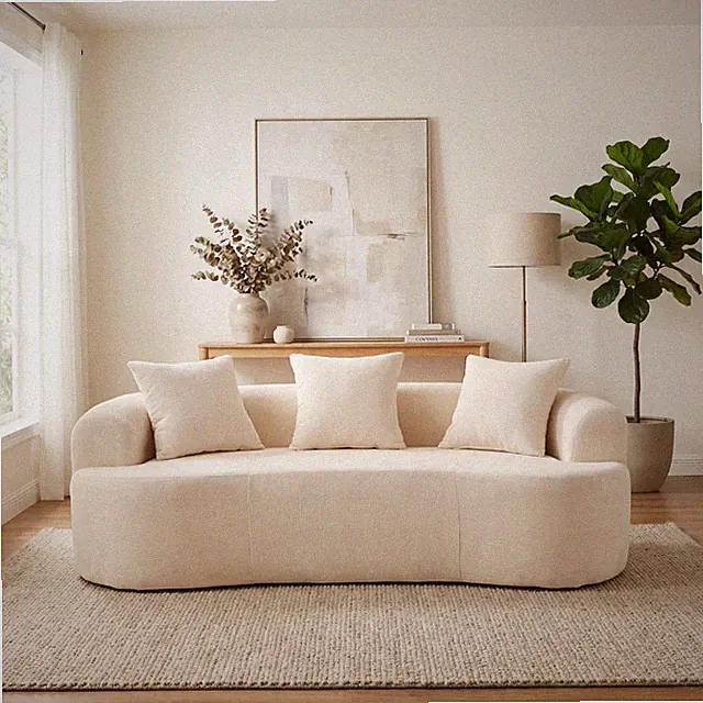 Crescent-shaped sofa, modern low-back design with deep cushions, self-inflati