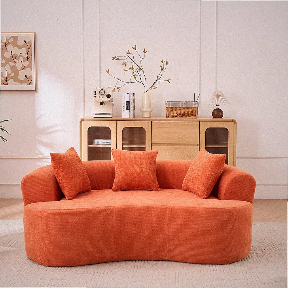 Crescent-shaped sofa, modern low-back design with deep cushions, self-inflatin