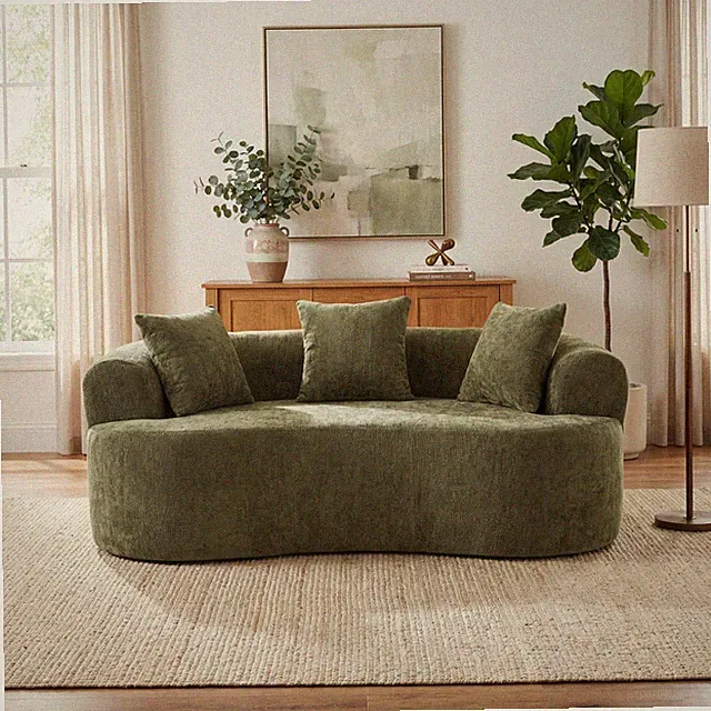 Crescent-shaped sofa, modern low-back design with deep cushions, self-inflatin