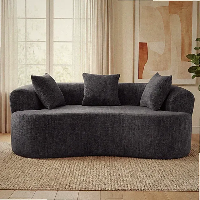 Crescent-shaped sofa, modern low-back design with deep cushions, self-inflating