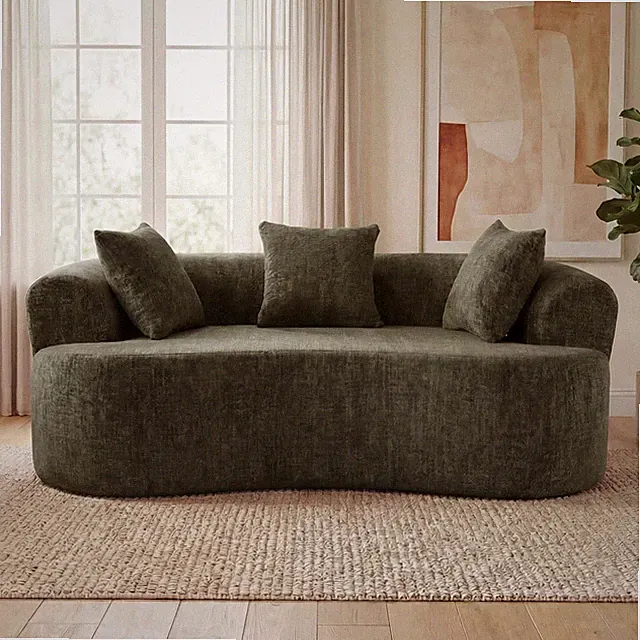 Crescent Sofa Modern Low-Back Deep Cushion Green Chenille Fabric