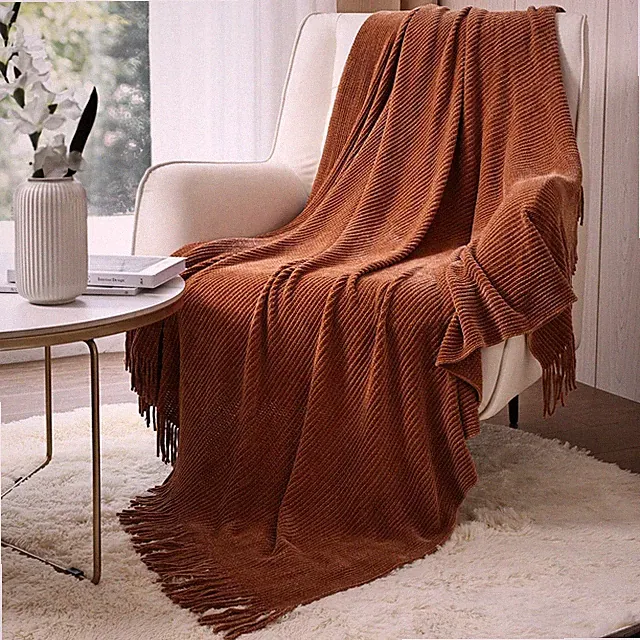 Crevent Farmhouse Rust Chenille Throw Blanket For Couch Sofa Chair Bed Home