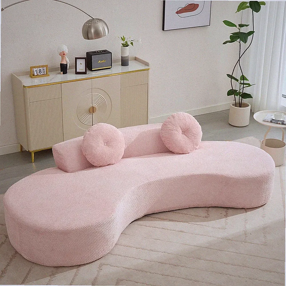 Curved 106" Pink Corduroy Modular Sofa with Cushions - No Assembly Needed