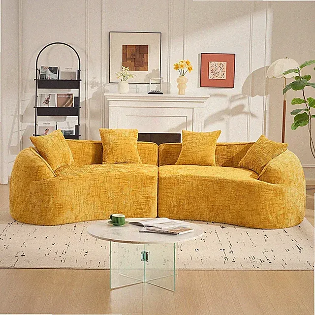 Curved 4-Seat Compressed Sofa with Round Armrests - Yellow, No Assembly Needed