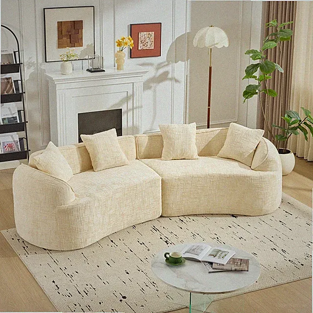 Curved 4-Seat Sectional Sofa, Minimalist Design, Beige Foam Cushion