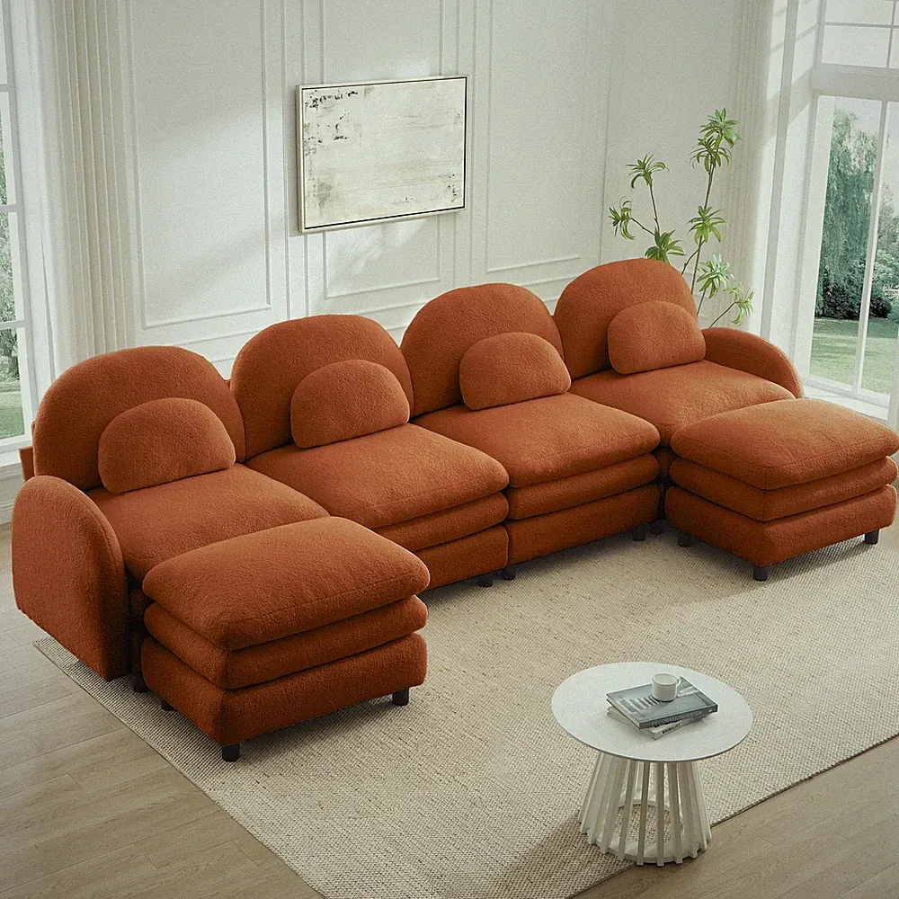 Curved 4-Seat Sectional Sofa with 2 Ottomans, Orange Fleece Fabric