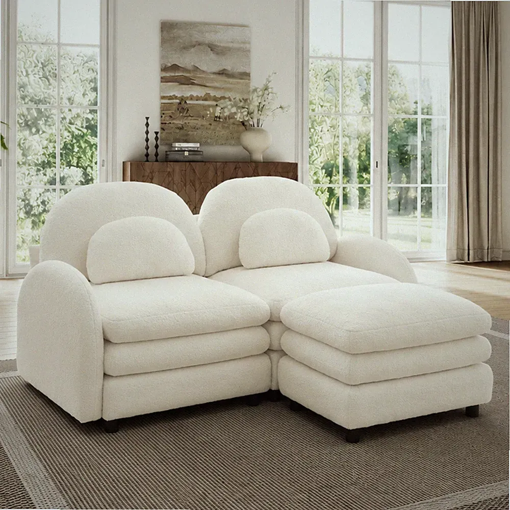 Curved Arm 2 Seater Teddy Fleece Fabric Loveseat Sofa Set