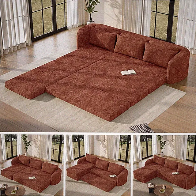 Curved Armrest 6-in-1 Modular Sofa Bed, No Assembly, Orange, Left Chaise