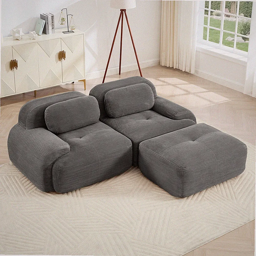 Curved Armrest Sectional Sofa, Grey Corduroy Fabric, No Assembly Required