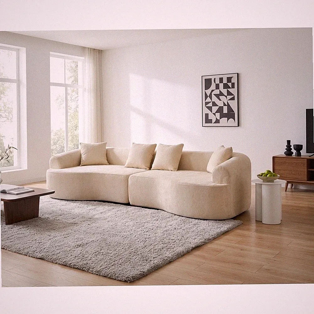 Curved Boneless Sofa,Compression Modular 106'' Sectional,White High-Density