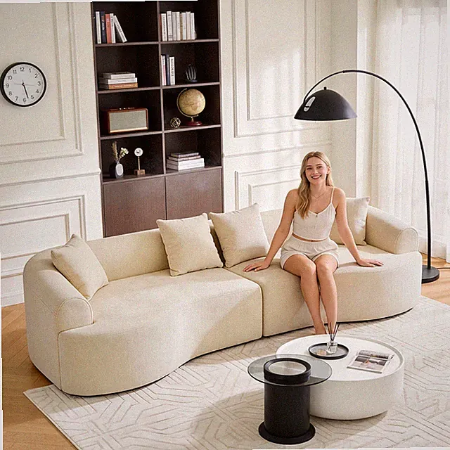 Curved Boneless Sofa,Compression Modular 106'' Sectional,White High-Density,Cou