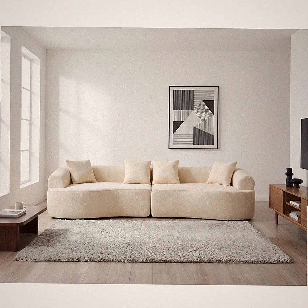 Curved Boneless Sofa,Compression Modular 108'' Sectional,White High-Density