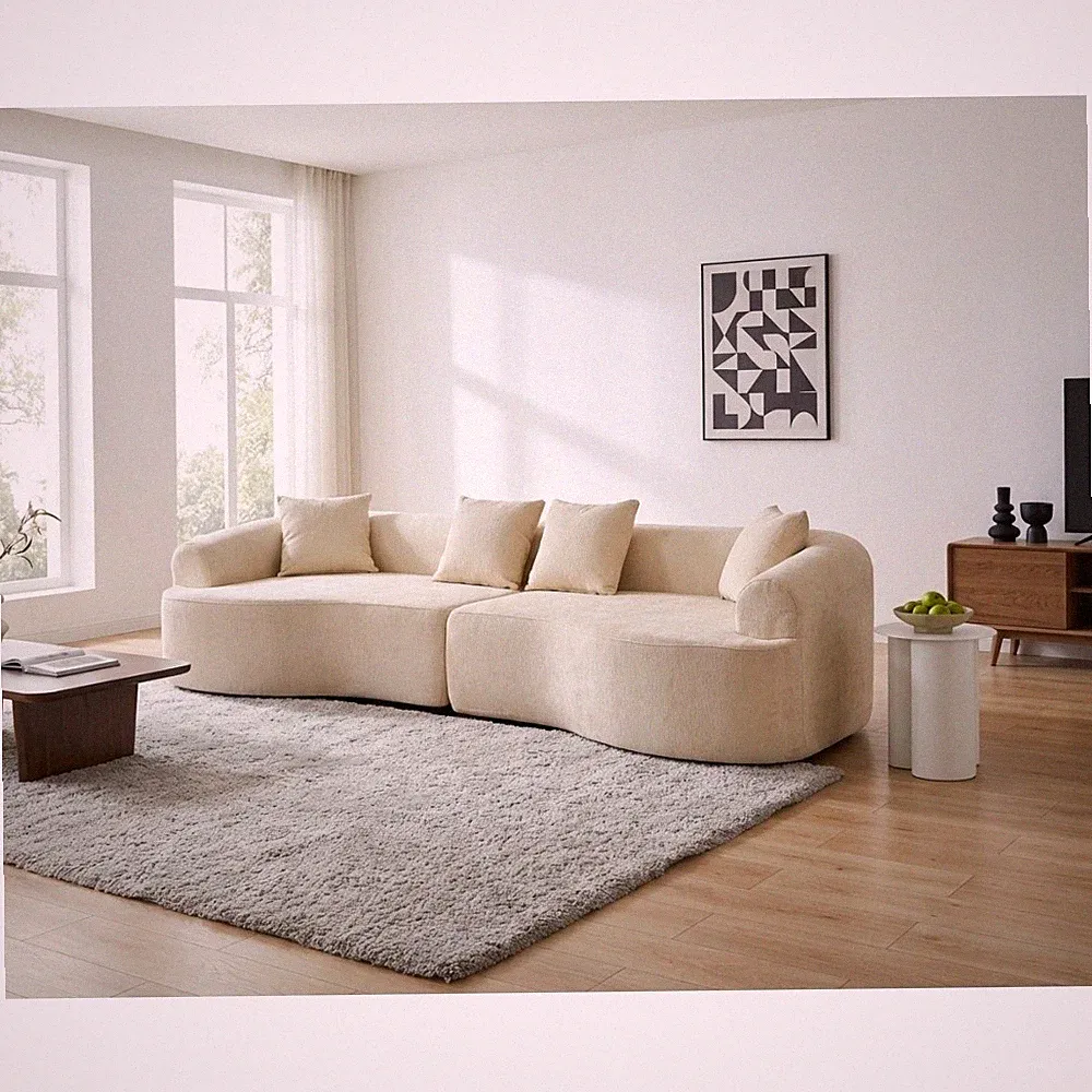 Curved Boneless Sofa,Compression Modular 108'' Sectional,White High-Density