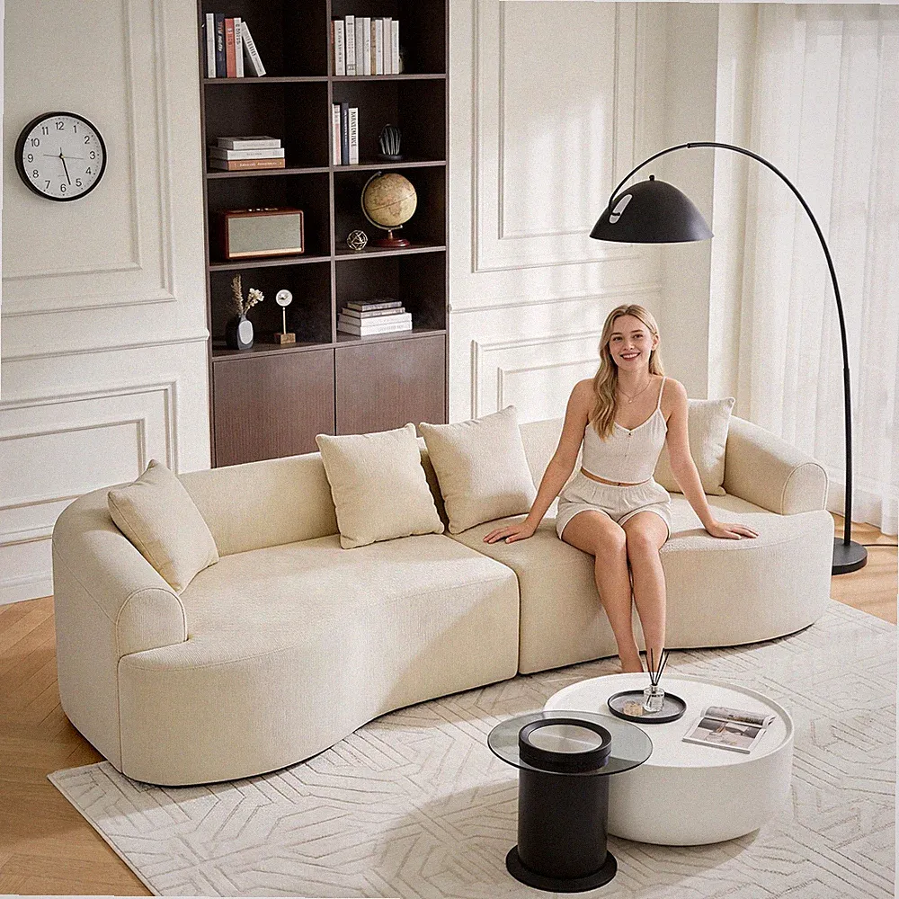 Curved Boneless Sofa,Compression Modular 108'' Sectional,White High-Density,Co