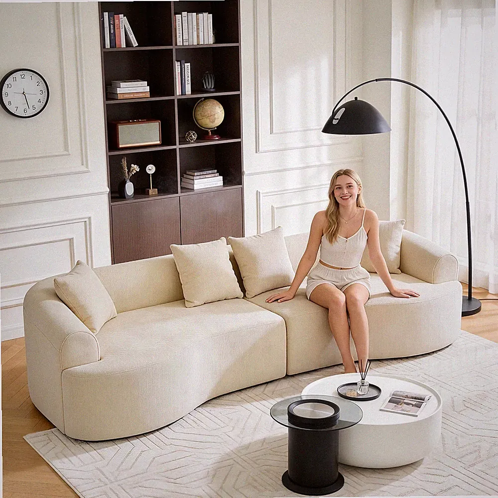 Curved Boneless Sofa,Compression Modular 108'' Sectional,White High-Density,Couc