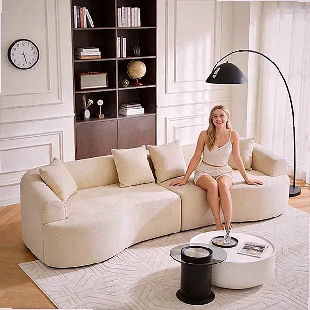 Curved Boneless Sofa,Compression Modular 108'' Sectional,White High-Density,Couc