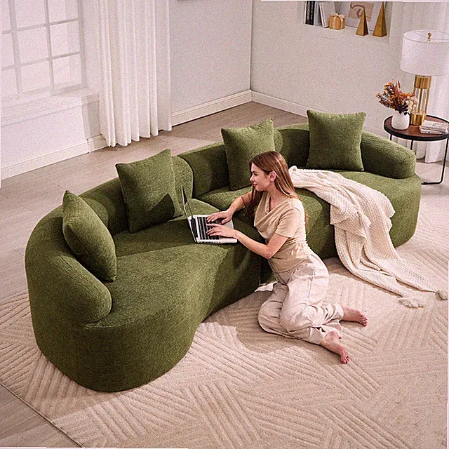 Curved Boneless Sofa,Compression Modular 110'' Sectional,Green High-Density,Cou