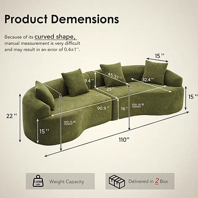 Curved Boneless Sofa,Compression Modular 110'' Sectional,Green High-Density,Couc