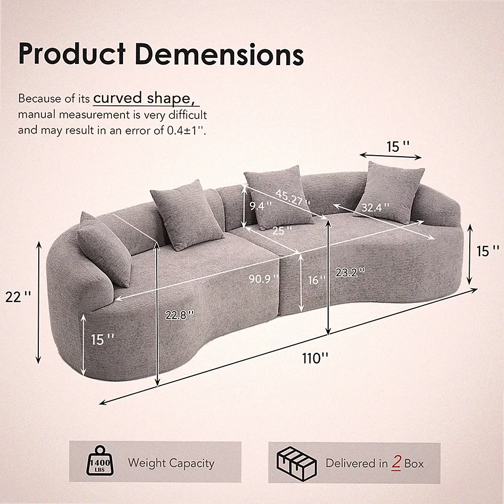 Curved Boneless Sofa,Compression Modular 110'' Sectional,Grey High-Density,Couch