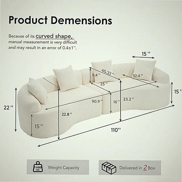 Curved Boneless Sofa,Compression Modular 110'' Sectional,White High-Density,Couc