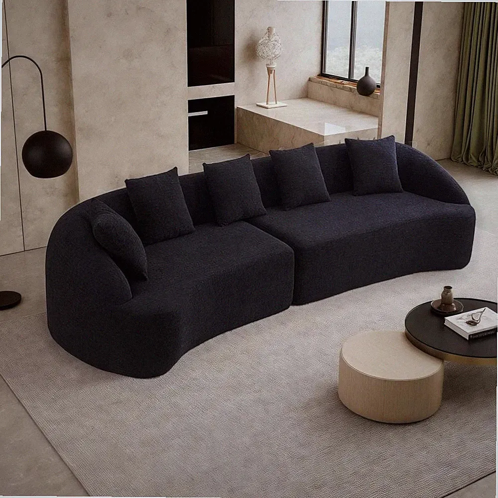 Curved Chenille Sectional Sofa Black, Pillow Back, 30D Foam, 110L, Medium Soft