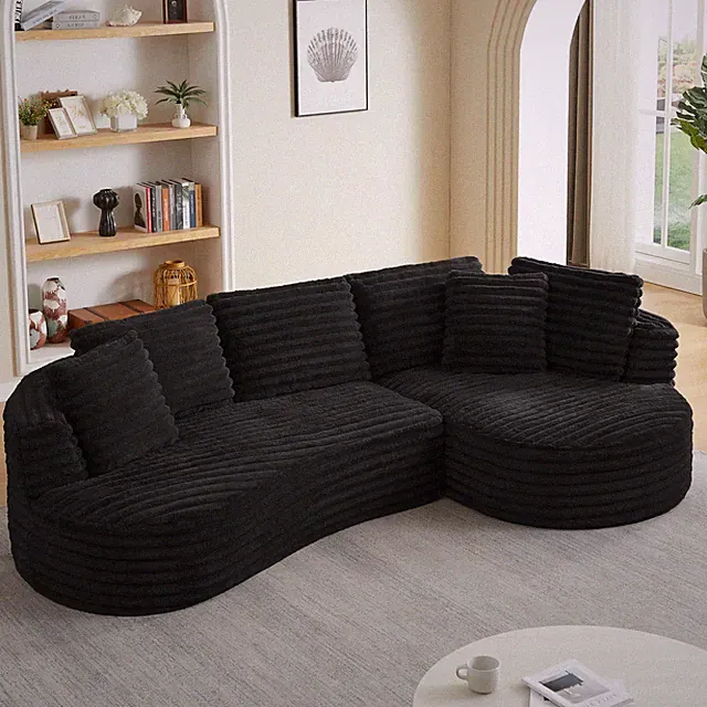 Curved L-Shape Oversized Sectional Sofa Corduroy Tufted Minimalist Black