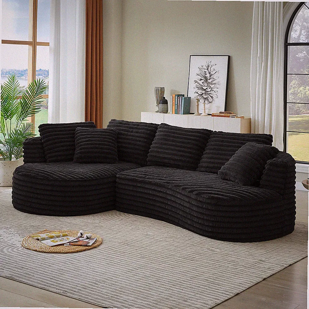 Curved L-Shape Oversized Sectional Sofa Corduroy Tufted Minimalist Black