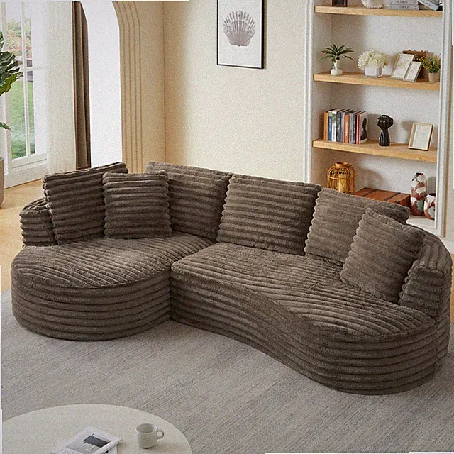 Curved L-Shape Oversized Sectional Sofa Corduroy Tufted Minimalist Brown