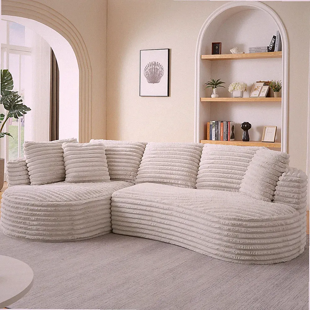 Curved L-Shape Oversized Sectional Sofa Corduroy Tufted Minimalist Cream