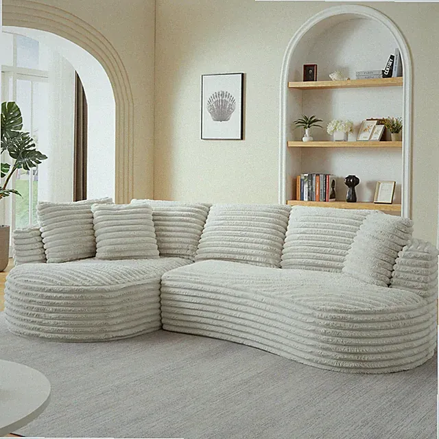 Curved L-Shape Oversized Sectional Sofa Corduroy Tufted Minimalist Cream