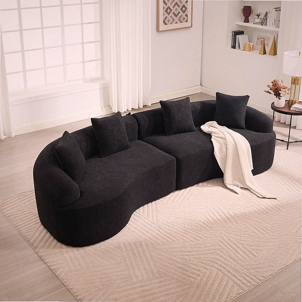 Curved Modular Sectional Sleeper Sofa 110"L Black Chenille 4-Seat