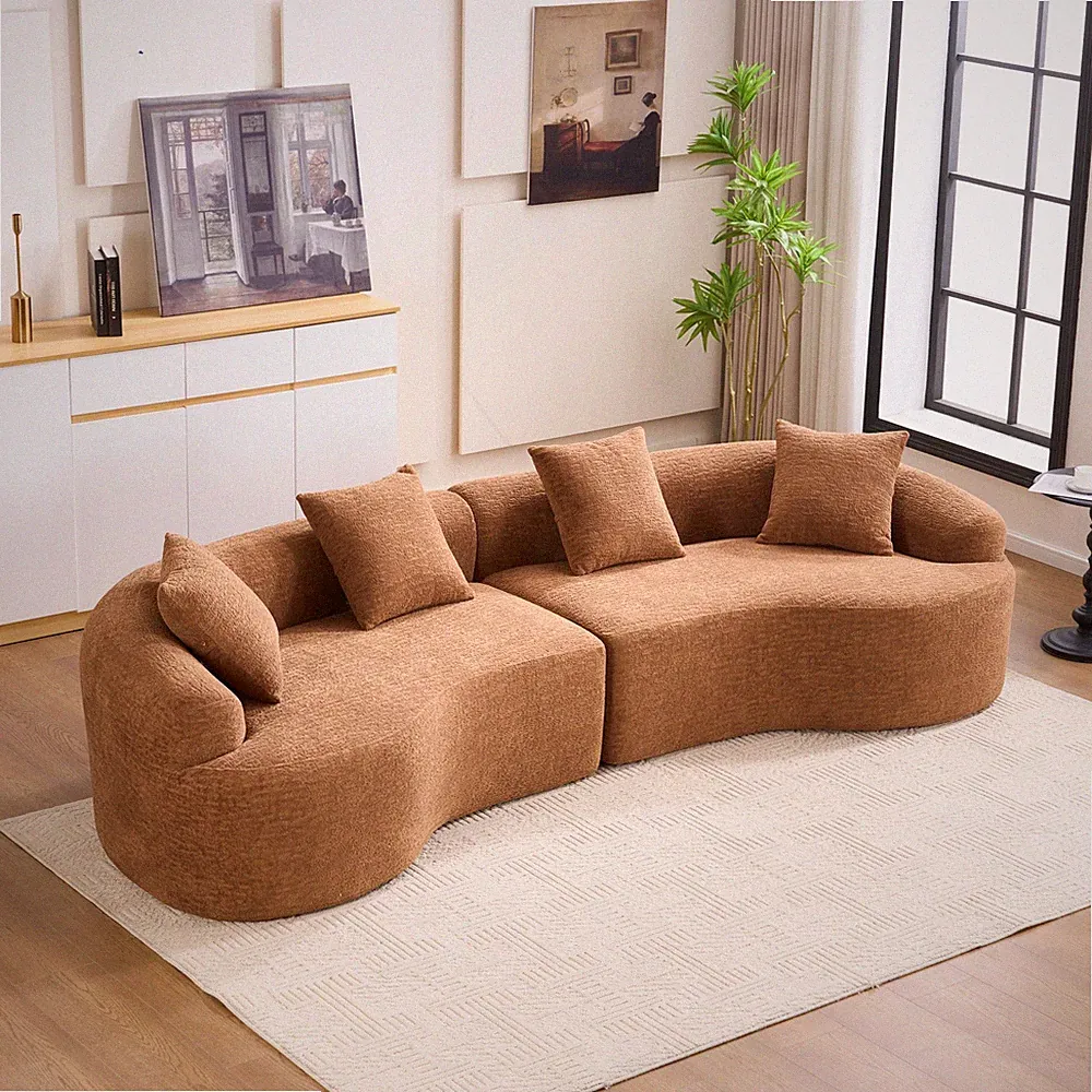 Curved Modular Sectional Sleeper Sofa, 110"L Chenille, Caramel