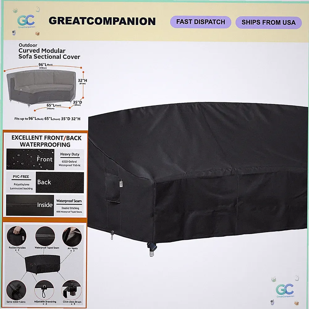 Curved Outdoor Sectional Sofa Cover, 96" Waterproof 600D Furniture Protector