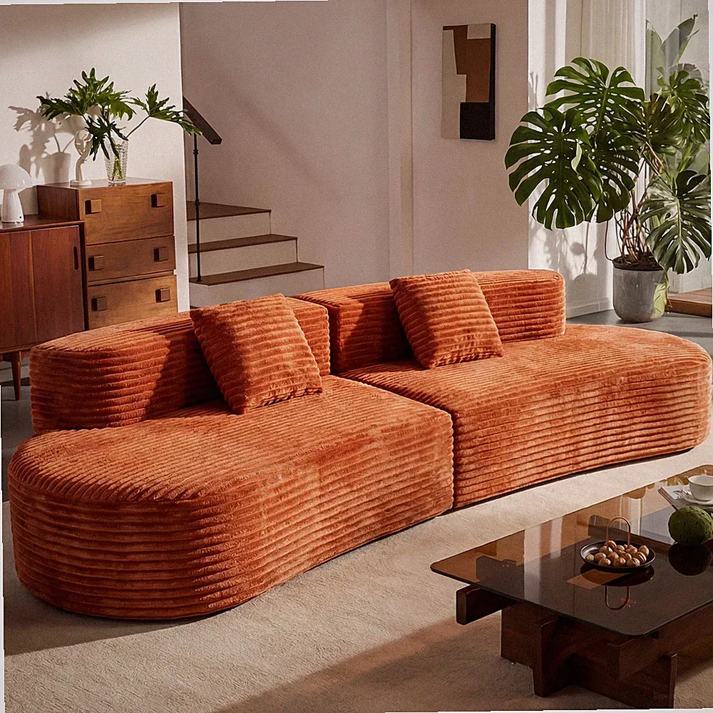 Curved Sectional Sofa 108.6" Cloud Pattern, Brick Red Corduroy